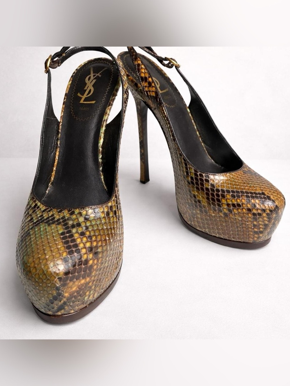 Vintage Yves Saint Laurent Snakeskin Platform Slingback Heels Size 37 US 7 Rare